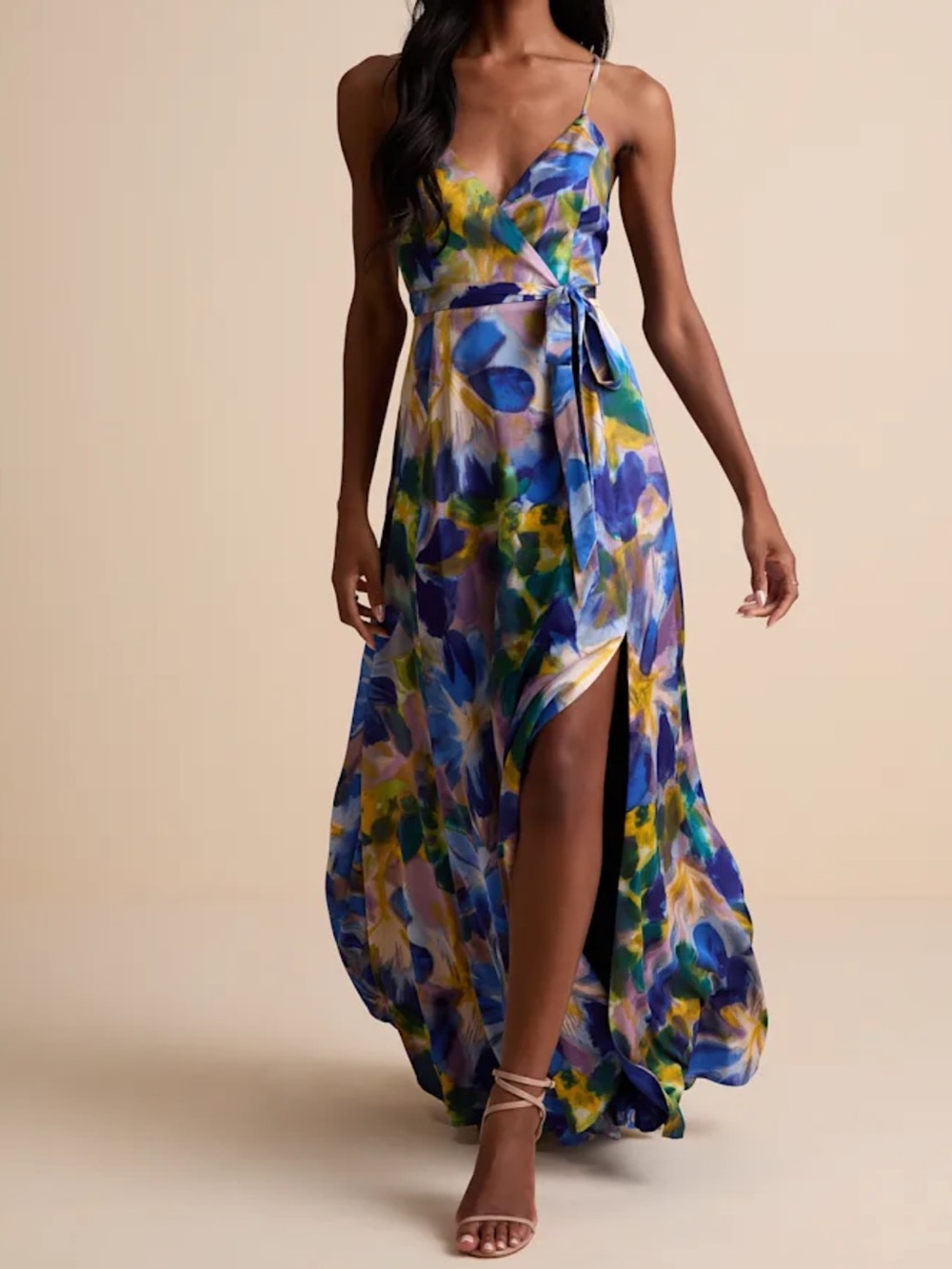 LuLus Still the One Blue Multi Floral Print Satin Maxi Dress women’s size small